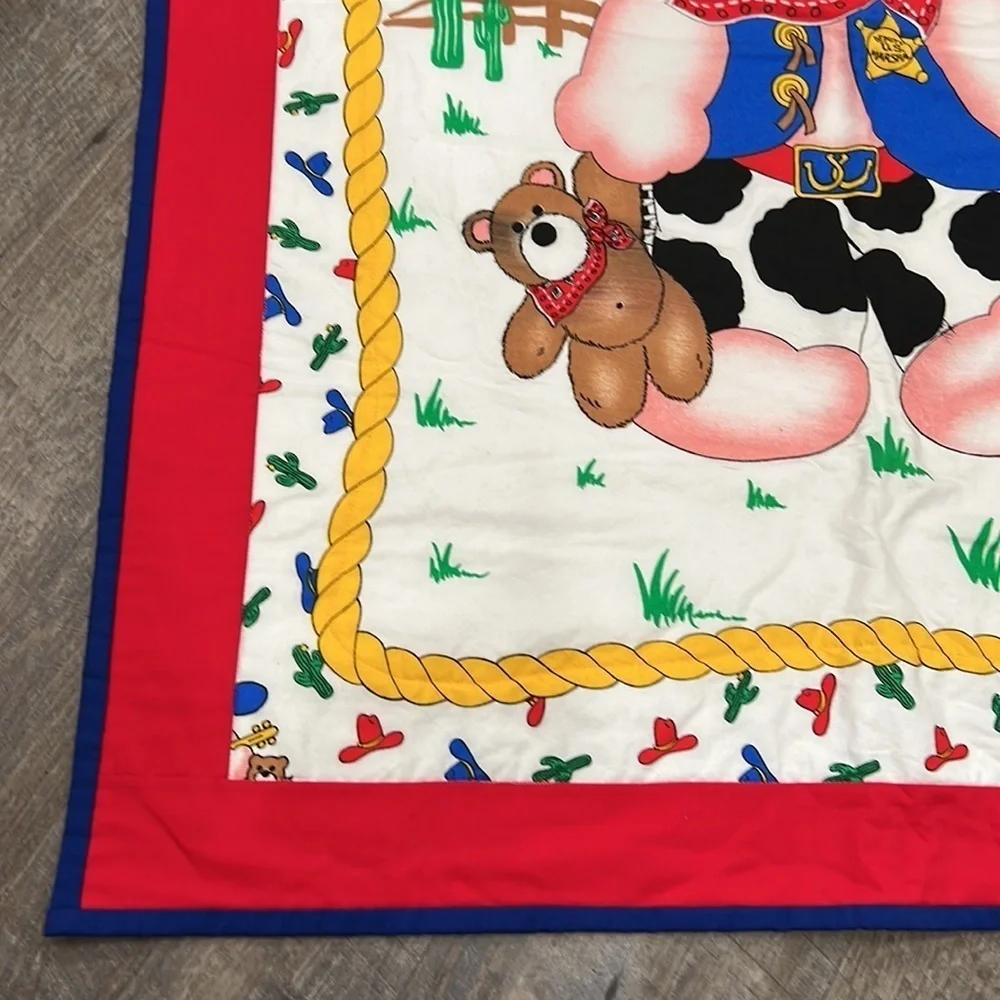 Hand Made Quilt cowboy teddy bear flannel back throw blanket 41x33 finished